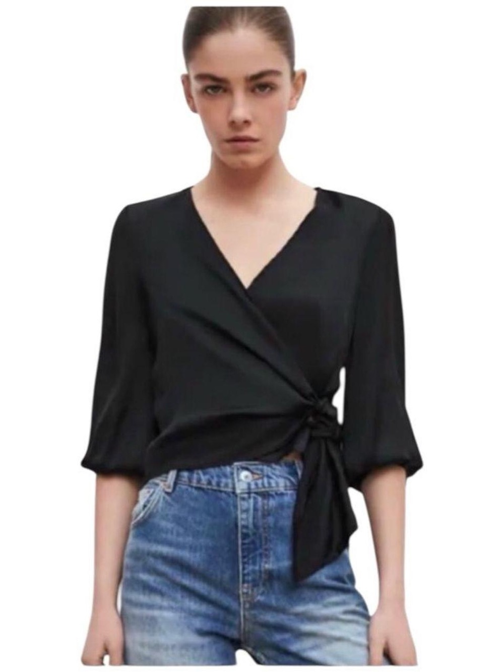 Zara Black Satin Wrap Blouse, V-Neck